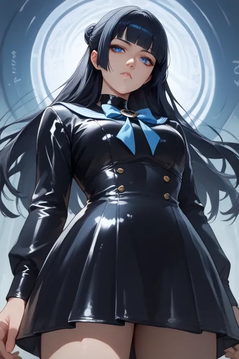 akebi komichi, nsfw, 1girl, soro, long hair, looking at viewer, from below, hypnosis, expressionless, blue eyes, blunt bangs, black rubber sailor dress, black hair, standing, miniskirt, black skirt, light blue bow, panty shot