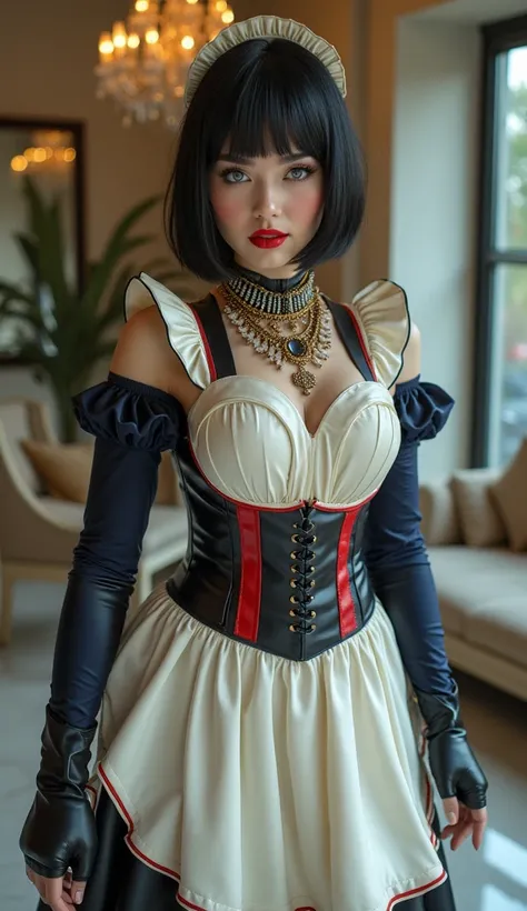 Служанка в  latexе.  The full height of a beautiful 36-year-old girl with a gorgeous figure ,  beautiful maid in a modern home ,  black bob car hairstyle ,  plump lips ,  blue eyes,  red lipstick,  precious necklace , luxurious maid headband on her head, р...