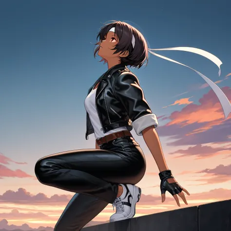 Masterpiece, Top Quality, Detail XL, 1girl, Solo, Side View, Looking Up, Twilight Sky, Clouds, Dark Hair, Short Cut, Red Eyes, Parted Lips, Brown Skin, Medium Chest, ((black leather jacket with rolled up sleeves)), black fingerless gloves, white T-shirt, (...