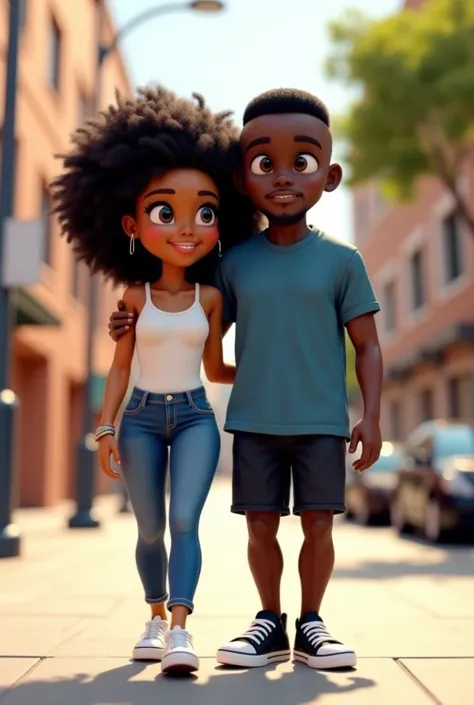  Create a cute character of a black couple walking down the street. Black woman with curled hair,  fine features, sculptural and thin body ,  with a pleasant expression . She is wearing jeans highlighting her ass, a white tank top and sneakers .  Embraced ...