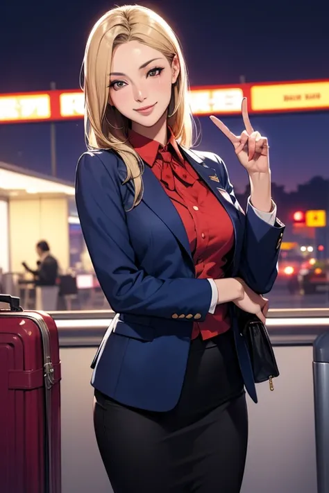 midnight airport, stewardess, blonde, looking at camera kindly, smile
