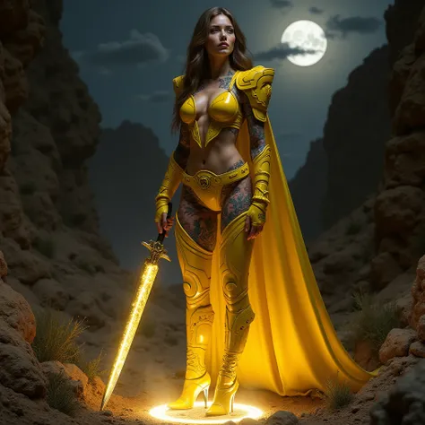 - Photorealistic with perfect details, Cinematic, Masterpiece, HD, Sexy CGI.

- Beautiful "American" woman, yellow eyes, long hair
Arms full of colorful tattoos, expressive.

- Wearing a costume ("Full Sexy Armor"), a costume that embodies the form of "Mig...