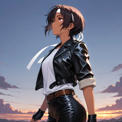 Masterpiece, Top Quality, Detail XL, 1girl, Solo, Side View, Looking Up, Twilight Sky, Clouds, Dark Hair, Short Cut, Red Eyes, Parted Lips, Brown Skin, Medium Chest, ((black leather jacket with rolled up sleeves)), black fingerless gloves, white T-shirt, (...