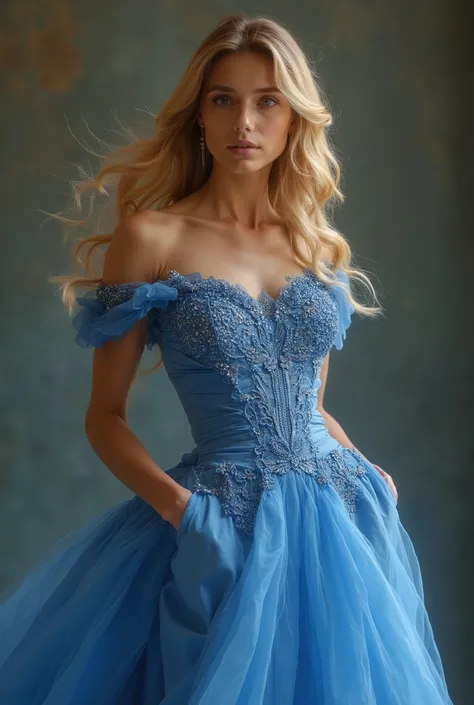 A beautiful blonde model wearing a blue fashion dress inspired by Cinderella in a sophisticated and glamorous vogue style photo shoot
