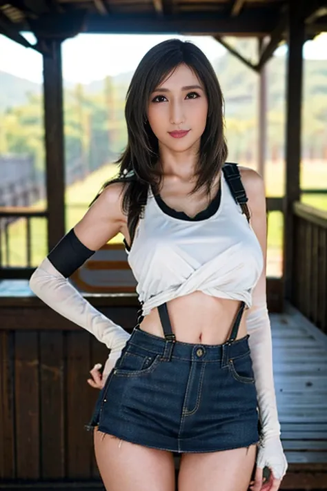 (20 years old, Narrow eyes) (  Photorealistic: 1.4),  alone,   top quality ,   Very Delicate and Beautiful,    high definition ,   in the seat, Tifa_  Lockhart, smile,    The Cowboy Is Filming for the Audience ,   suspenders, Low rise,   miniskirt,     tan...