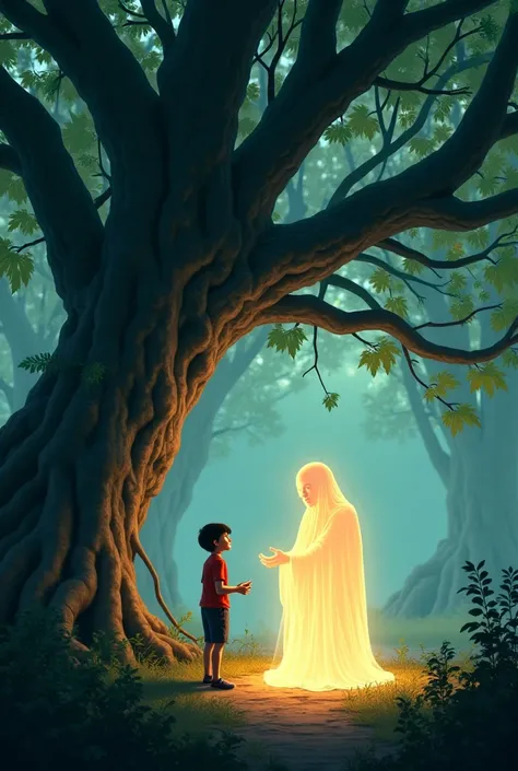 A young boy talking to a glowing ghostly figure under an ancient banyan tree, mysterious yet friendly atmosphere."