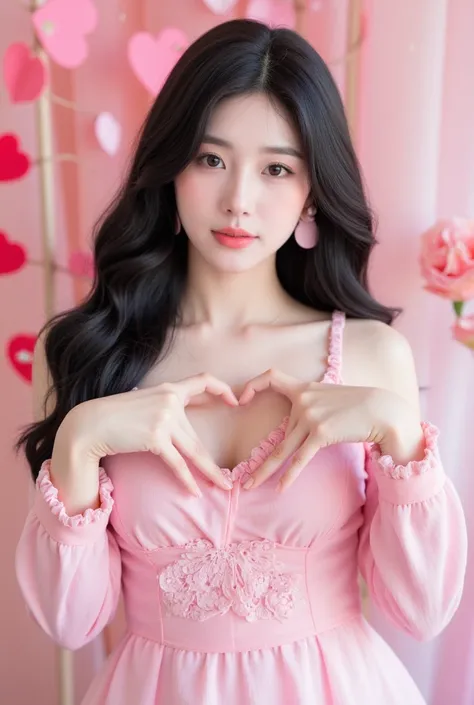 Korean girl, 20 years old, dressed cutely cute black hair Dress up in a Valentine's Day theme and pose with your hands in the shape of a heart.
