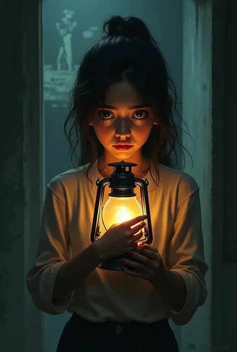 amna, looking terrified, holds the lantern close to her face, casting shadows on her worried expression. The room around her feels like it’s closing in with unnatural energy