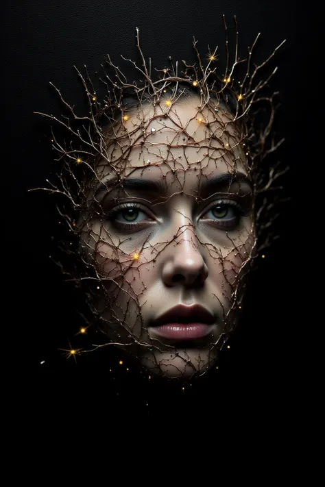 a pprtrait of a pale woman's face emerges from a (black textured background:1.25)
the woman's features are formed entirely of strands of various wires
some wires are shiny steel, some are dull iron, others are copper and gold
from the ends of some wires sp...