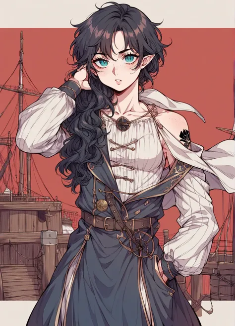 Girl,Solo, handsome, Glossy feel,hot,sexy,pose,Blue Eyes,On a pirate ship, fighting, medieval,Elf One young man、masterpiece, strong, with character, dressed in a corsair coat,(solo)Dressed elegantly, Best Quality, On a medieval ship,High resolution, In com...