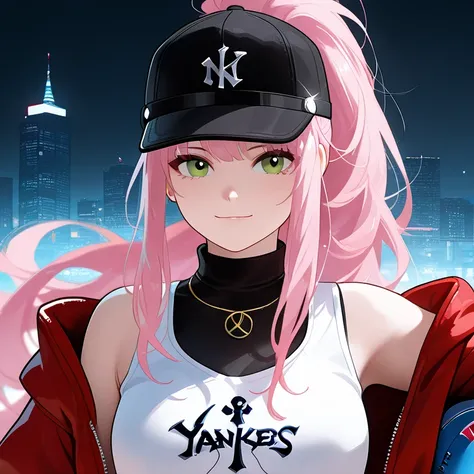 white woman with long pink hair, Black sport cap with red details, green eyes and a slightly square shaped face, light smile, wearing a New York Yankees Black and red jacket and a white tank top, she is in a night city with colorfull paints backhround. is ...