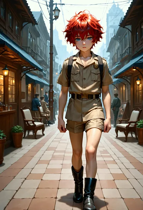 1boy, solo, shota, shine copper tan skin, red hair, short messy hair, khaki uniform, short pants, blue eyes, tram on the city street, wooden buildings, masterpiece, best quality, cinematic lighting, black boots, focus on body