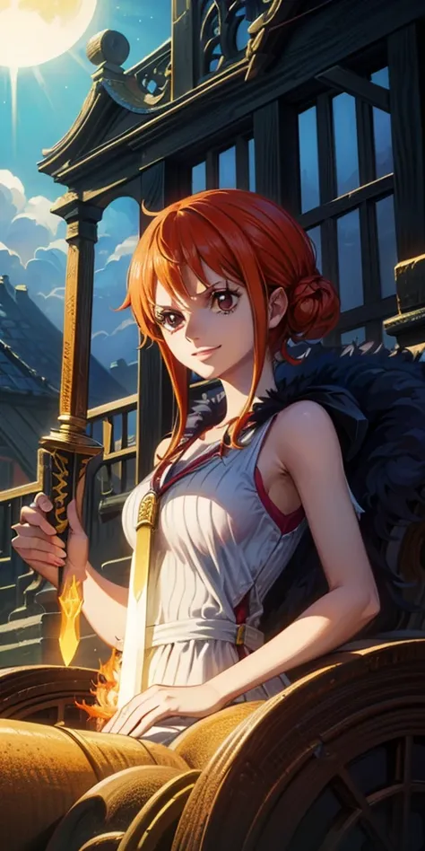 (最高 Masterpiece,  top quality, 4K, 8k,  high resolution, Masterpiece:1.2), Nami in One Piece,smile,Mysterious Knight,Miracle,Power Spot,Fantastic world tree,Green Sun,Holy Sword,Holy Swordの斬撃, She's on an adventure to defeat the Demon King,Mysterious Knigh...