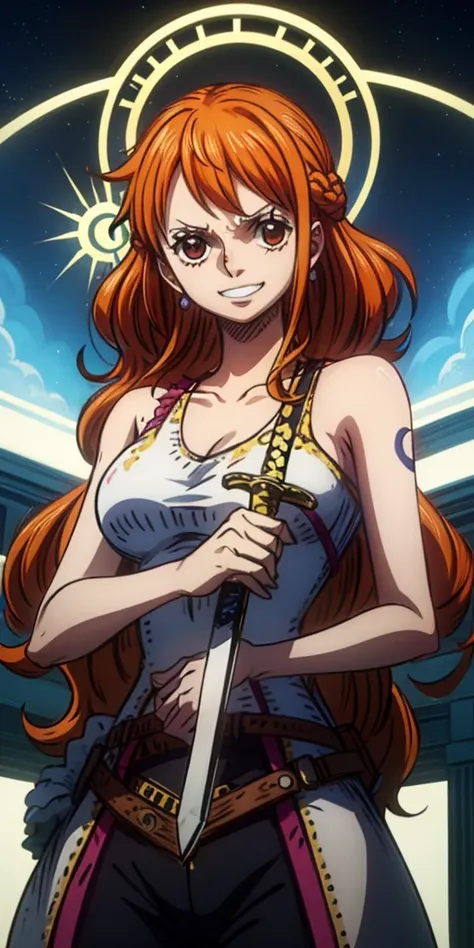 (最高 Masterpiece,  top quality, 4K, 8k,  high resolution, Masterpiece:1.2), Nami in One Piece,smile,Mysterious Knight,Miracle,Power Spot,Fantastic world tree,Green Sun,Holy Sword,Holy Swordの斬撃, She's on an adventure to defeat the Demon King,Mysterious Knigh...