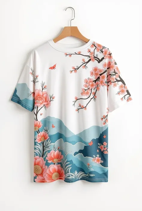 The embroidery pattern on a white .  style: Genshin Impact ( without direct images of characters or objects from the game). patterns:  stylized , Abstract,  shirt reminiscent of oriental themes ,  with elements of nature  (For example, flowers, Waves, Moun...