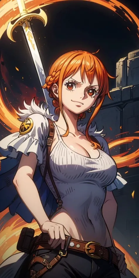 (最高 Masterpiece,  top quality, 4K, 8k,  high resolution, Masterpiece:1.2), Nami in One Piece,smile, paladin,Miracle,Power Spot,Fantastic world tree,Green Sun,Holy Sword,Holy Swordの斬撃, She's on an adventure to defeat the Demon King, is a mysterious knight w...