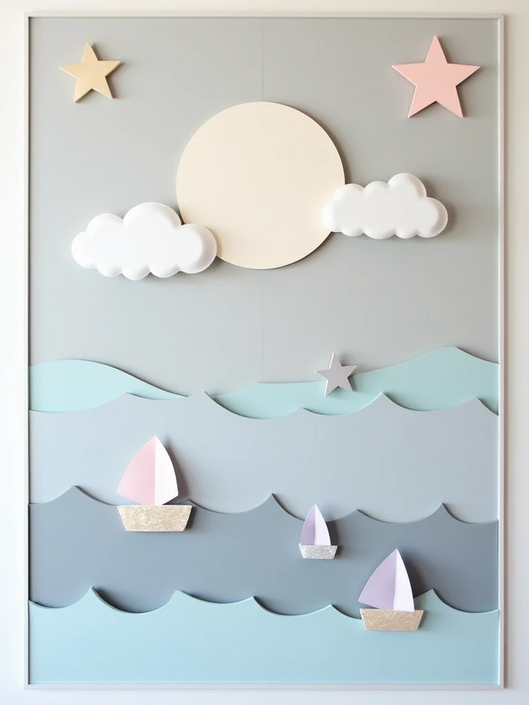 Design Interactive mural
###**Right panel (80cmx120cm):** 
- **Calm Sea**: Rounded waves in greyish blue (tone 2) with lilac moon reflections.  
- Paper boats**: 3 stylised boats with curved sails (white and pale pink), floating gently.  
- Folding cloud**...