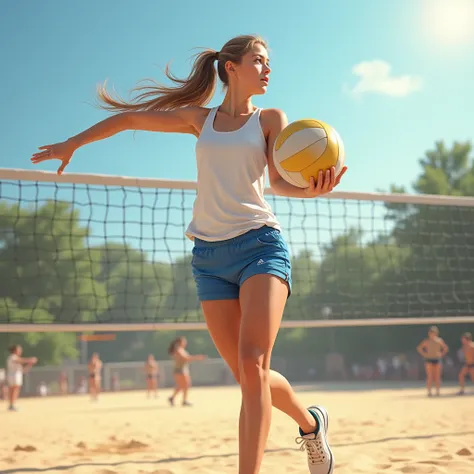 Creates a realistic image of a girl playing volleyball on an outdoor court. She wears blue shorts and a white tank top, in the middle of the service action. The sun is shining, and the image should be dynamic and detailed.