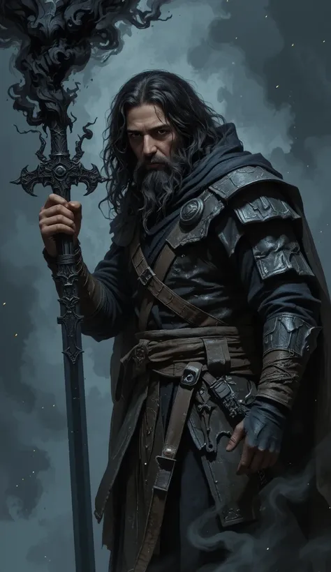  Create an illustration of a man , With beard long black hair, Blowing black smoke out of the mouth, holding a big black sword that comes out of black smoke and you wear ragged ash,  inspired by the character Vasher from the book Warbreaker , Where do you ...