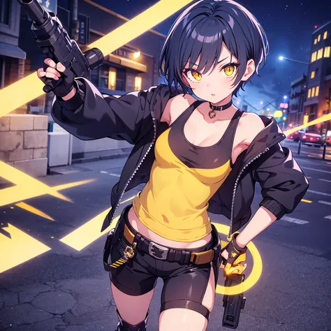 Street Dancer,   short hair,  Hair,  yellow glowing eyes , Perfect Lips,   cute expression ,  cute face,  cute pose, Fingerless gloves, gun,   tank top,  jacket ,  cute pose,  super detailed face , long eyelashes, Sharp Eye ,  full body shot, Dynamic Viewe...