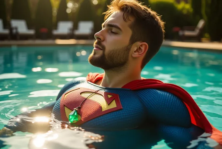 an attractive European Man, ericjanicki, Handsome, short brunette hair, 30 years old, beard, wearing a fitted blue superhero suit with red accents and an 'S'-shaped emblem on his chest, a red cape behind his shoulders, floating on his back in a sunlit pool...