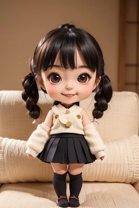 (( top quality)), (( Masterpiece)), ( anatomically correct), ((Japanese face like Nahoko Kawai)) 1girl , A knit that shows off the shoulders　(( black knee-high socks))　Panchira sitting with her legs on the couch　((smirking face with upward gaze)