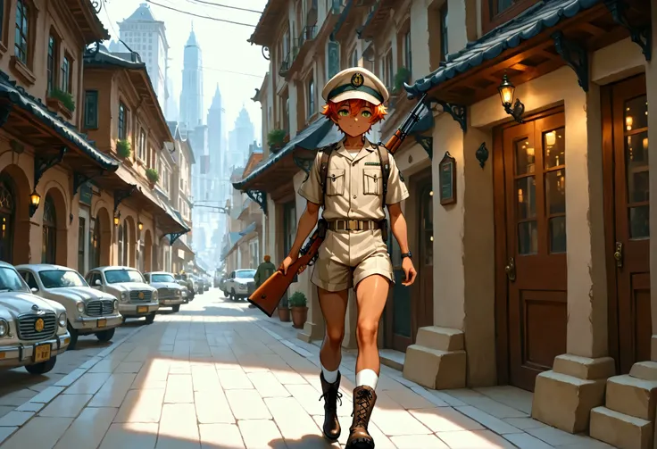 1boy, shota, dark copper tan skin, solo, orange hair, short hair, khaki uniform, cap, short pants, green eyes, tram, city street, traditional lower buildings, walking on the street, smile, masterpiece, best quality, cinematic lighting, black lace up boots,...