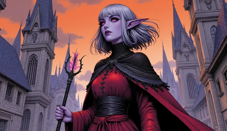 (Ultra-detailed face, Looking Away, Fantasy Illustration with Gothic, Modern Ukiyo-e Style, Comic Art, Dark Tone Colors), BREAK (The color here is a mixture of orange and purple. The air is gray and cloudy. Buildings stand thin and tall like thorns. Some t...