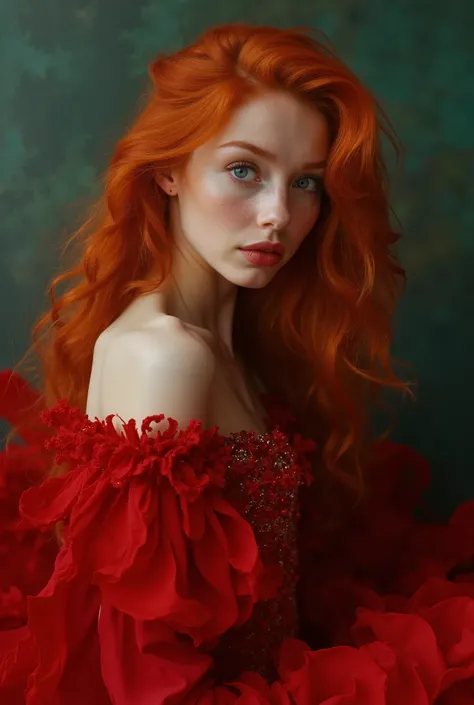 A beautiful redhead model wearing a red fashion dress inspired by Princess Ariel in a sophisticated and glamorous vogue style photo shoot
