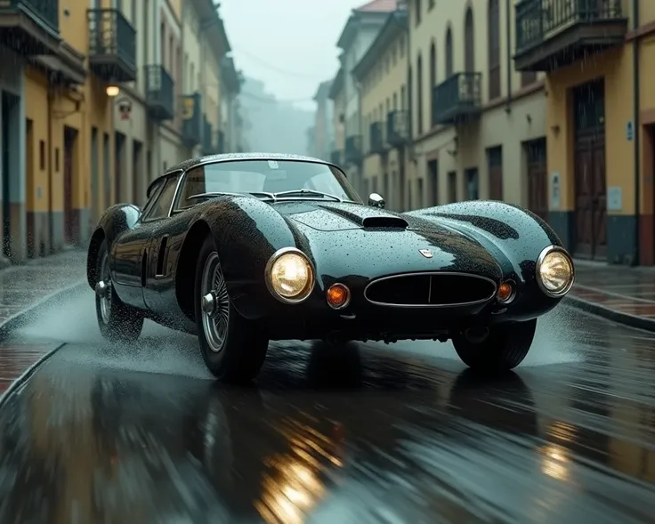 1966 color image of black sportscar with opaque windows racing through eastern European streets in the rain