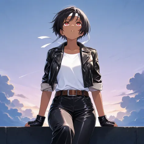 Masterpiece,Top Quality,Details XL, 1girl, solo, oblique, looking up, twilight sky, clouds, black hair, short cut, red eyes, parted lips, brown skin, medium chest, ((black leather jacket with rolled up sleeves)), open jacket, black fingerless gloves, white...