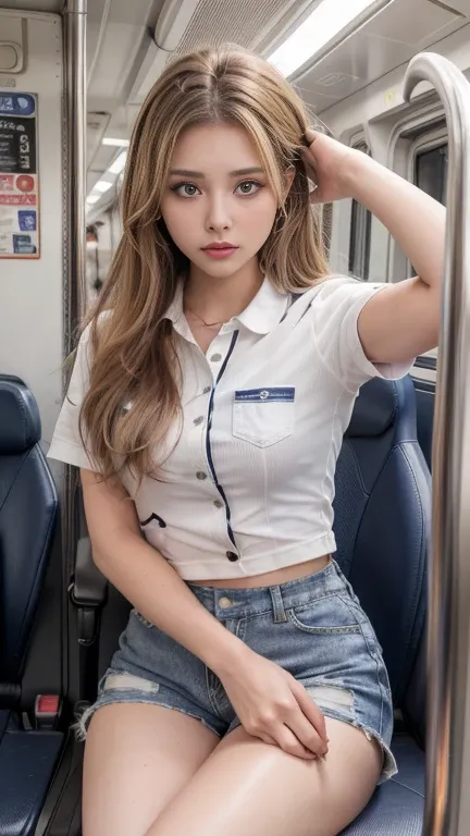 (​masterpiece,  top quality,   ultra A high resolution ),   in the seat, (( super high leg cut micro denim shorts with )), ( The focus is on the thighs ), Curvy girl sitting in a train seat , The girl's gaze is staring at her smartphone ,   Japanese woman ...