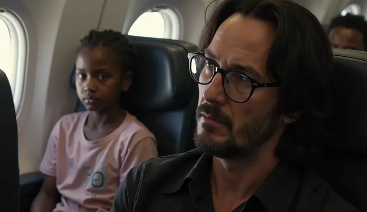 Keanu Reeves, wearing glasses, sat in the first-class cabin of the plane. Behind him, a young Black girl was being yelled at by a very angry wealthy man.







