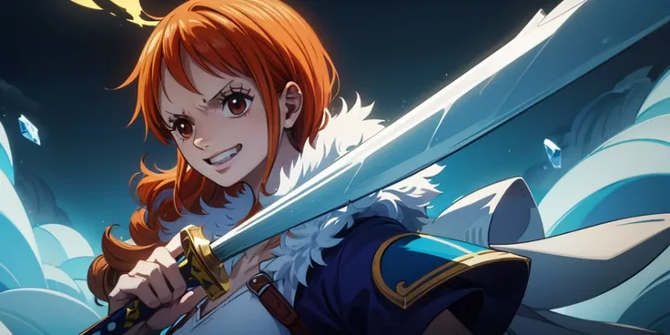 (最高 Masterpiece,  top quality, 4K, 8k,  high resolution, Masterpiece:1.2), Nami in One Piece,smile, paladin,Miracle,Power Spot, fantastic world,Green Sun,Holy Sword,Holy Swordの斬撃, She's on an adventure to defeat the Demon King,He is a master of swordsmansh...