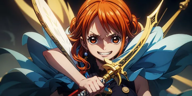 (最高 Masterpiece,  top quality, 4K, 8k,  high resolution, Masterpiece:1.2), Nami in One Piece,smile, paladin,Miracle,Power Spot, fantastic world,Green Sun,Holy Sword,Holy Swordの斬撃, She's on an adventure to defeat the Demon King,He is a master of swordsmansh...