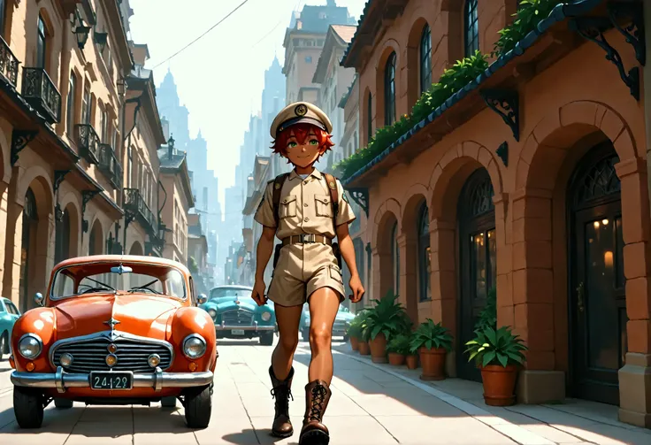 1boy, shota, dark copper tan skin, solo, red hair, short hair, khaki uniform, cap, short pants, green eyes, parked classic cars, city street, lower buildings, walking on the street, smile, masterpiece, best quality, cinematic lighting, black lace up boots,...