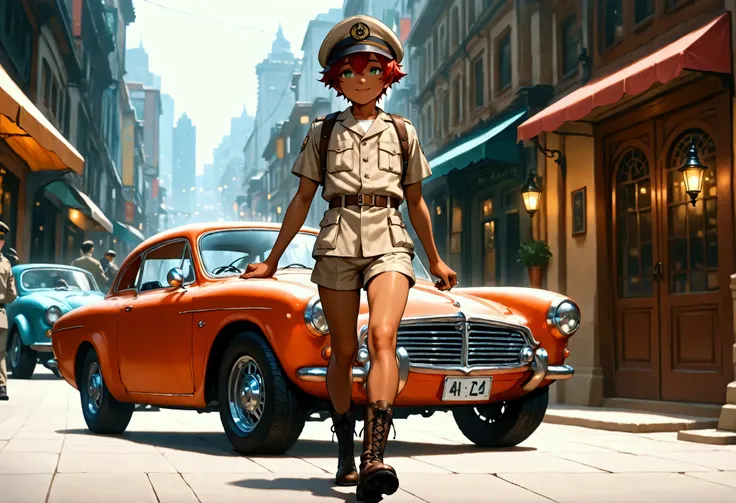 1boy, shota, dark copper tan skin, solo, red hair, short hair, khaki uniform, cap, short pants, green eyes, parked classic cars, city street, lower buildings, walking on the street, smile, masterpiece, best quality, cinematic lighting, black lace up boots,...