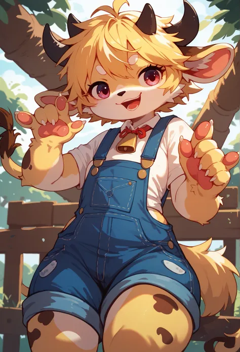 Cow Girl， furry girl， Female Toddler Characteristics ，yellowish skin， with yellow hair，Overalls，