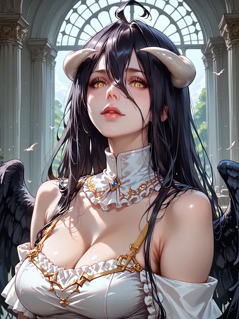 //Quality,
masterpiece, best quality, detailed
,//Character,
1girl, solo
,//Fashion,
,//Background,
,//Others,
,albedo \(overlord\), 1girl, long hair, black hair, hair between eyes, yellow eyes, horns, white gloves, white dress, bare shoulders, detached co...