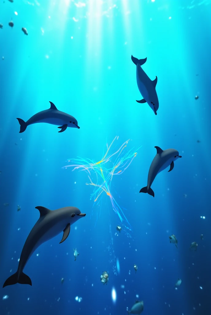 Animation or graphics explaining dolphin *echolocation* (sonar waves and imagery).  