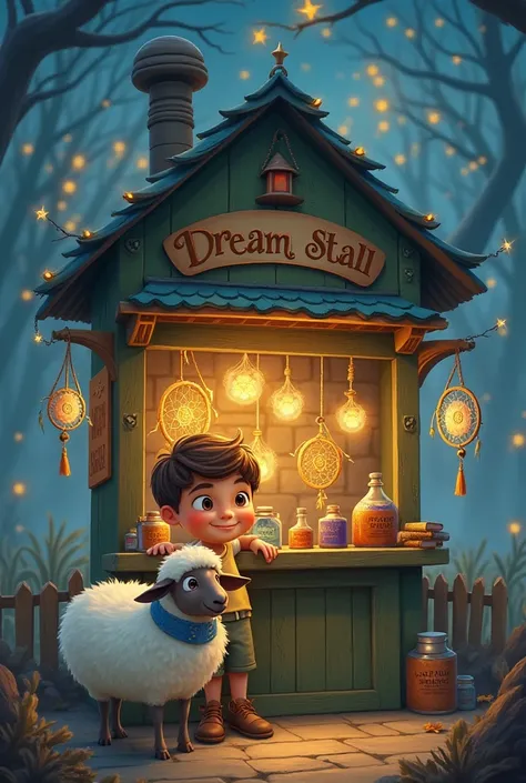 6. Dream Stall:
"The boy with soft brown hair, joyful eyes, and a bright smile stands alongside his fluffy white sheep with a blue collar before a mysterious floating shop filled with magical dream catchers, shimmering potions, and jars labeled 'Dreams Com...