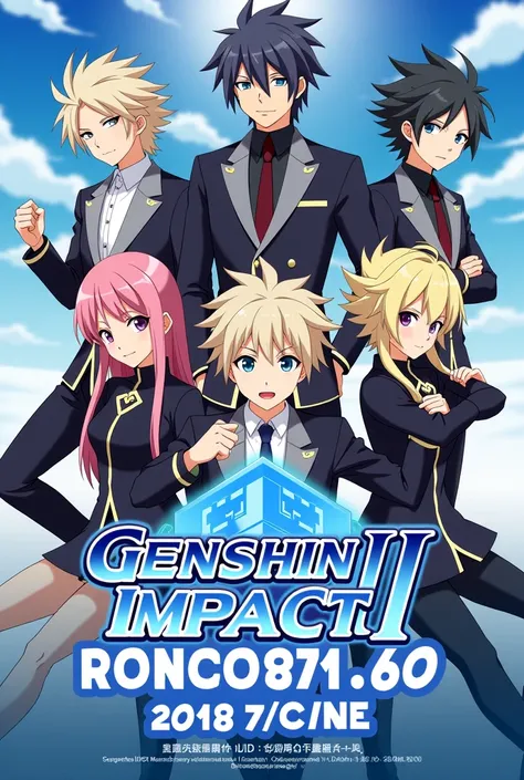 J'aimerais creer une affiche d'anime qui dit 
série televisée gratuite genshin ice impact II en lettre Japonais. avec plusieurs personnages charismatiques. En arrière-plan.
[ Date ] [ Heure ] 
[ dvd ]