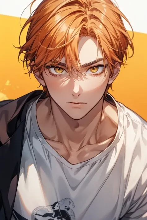 anime boy, handsome face, white skin, orange hair, yellow eyes, casual style, charming gaze, bright background, looking at the viewer, eye details, face details, body details, make 4k and 8k images