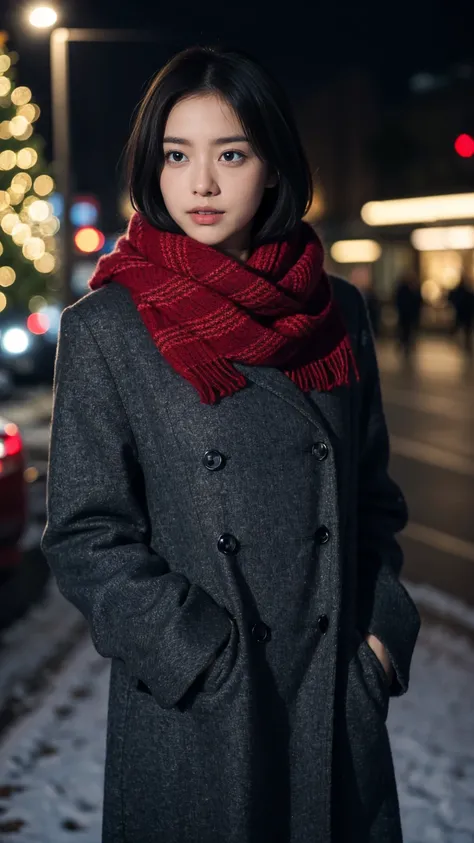 Alone,   high definition ,  Masterpiece,  解剖学的に accurate , nice、 is nice、 accurate,   top quality ,   ultra high definition,   textured skin, woman、  big breasted with a cross eye 、  sexy、Center part short hair black hair  、 scarves and coats、  Christmas t...