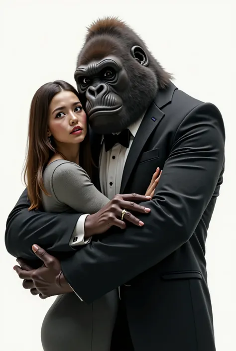 Full white girl with straight brown hair up to her shoulders with a humanoid gorilla dressed in men's clothing and hugging her 