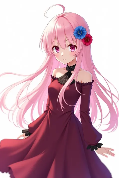 an anime girl, light pink hair, long hair, blue flower shaped hair clip, red flower shaped hair clip, pink eyes, wine red gothic dress, brown boot, white background 