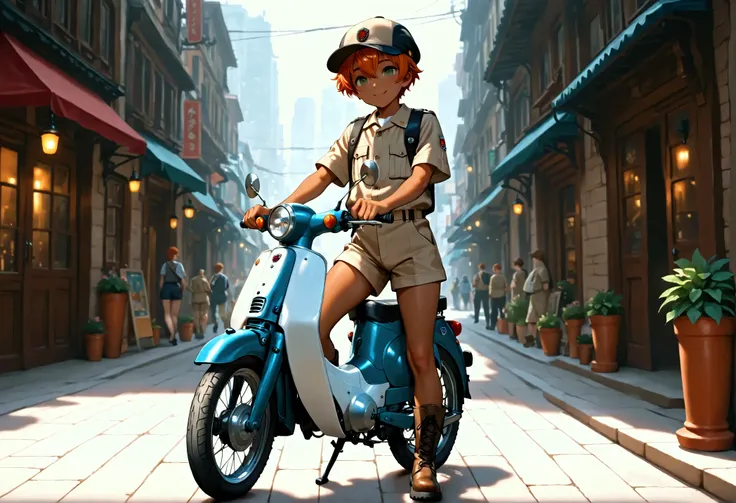 1boy, shota, dark copper tan skin, solo, orange hair, short hair, khaki uniform, cap, short pants, green eyes, honda super cub, city street, lower buildings, walking on the street, smile, masterpiece, best quality, cinematic lighting, black lace up boots, ...