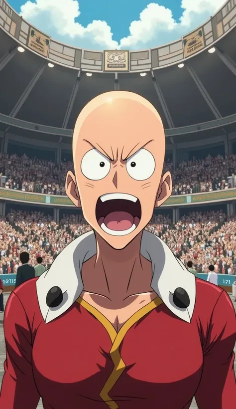 Saitama with a silly face, in the background an arena with people watching