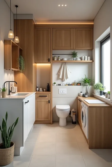 A room with bathroom  ,  kitchen and laundry area 