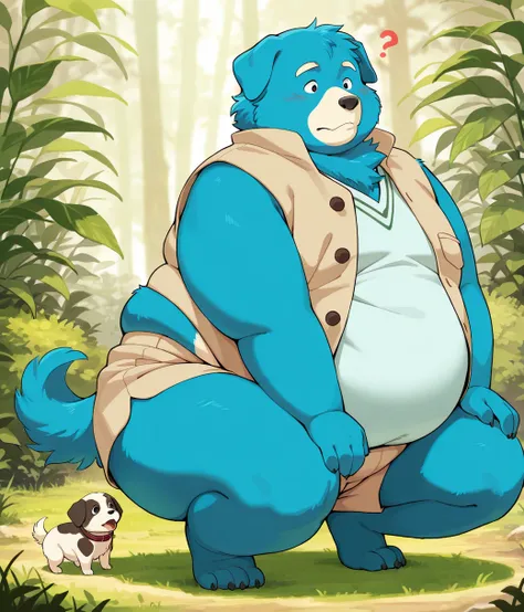 (cute, fat, obese, anthro, male, dog cub), nude, ((beige shorts, beige vest)), squatting position, blue fur with green pattern, cartoon confused, style of studio ghibli, fantasy background, hires textures, highly detailed, intricate details, best quality, ...